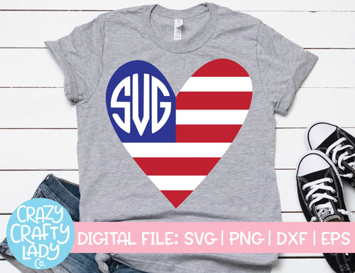 American Flag Heart Monogram Frame SVG Cut File