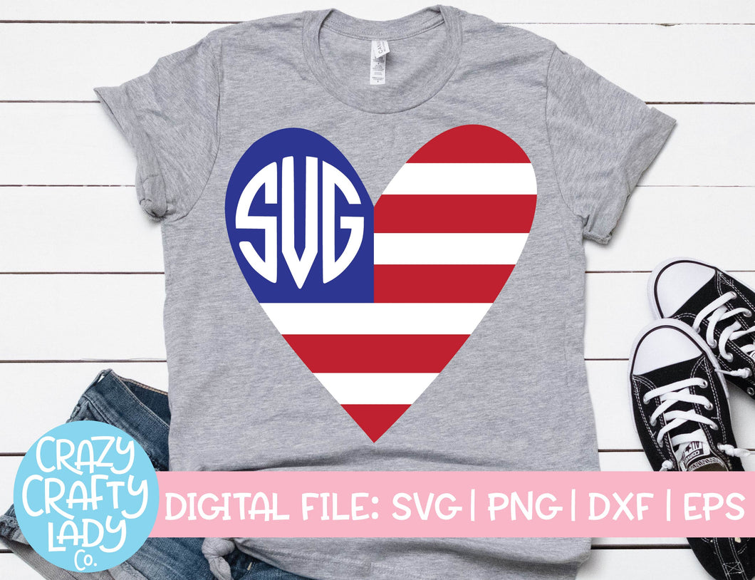 American Flag Heart Monogram Frame SVG Cut File